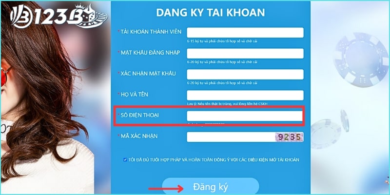 đăng ký 123b có cần số điện thoại không Bước đăng ký tài khoản cần nhập số điện thoại